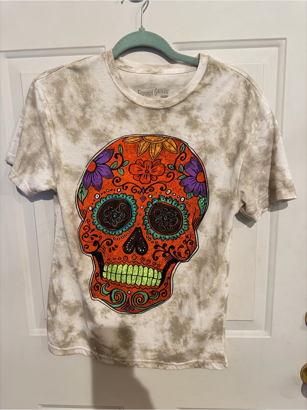 Sugar Skull Graphic Tee - Orange Skull on Cream Background